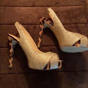 platform peep toe animal print and gold heels